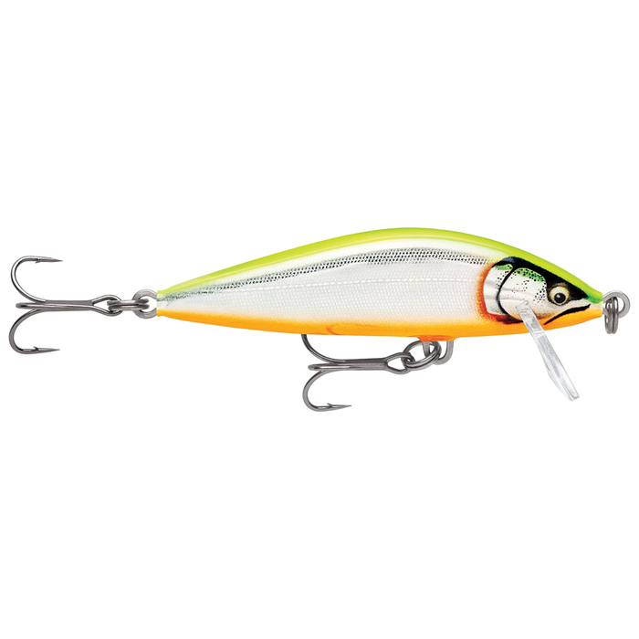 Rapala Countdown Elite fishing lure with lifelike fish pattern, bright chartreuse back, silver sides, orange belly, and two sharp treble hooks for effective fishing tackle.