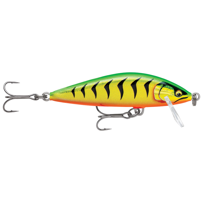 Rapala Countdown Elite fishing lure in vibrant green, yellow, and orange with black stripes, featuring two sharp treble hooks and a diving lip for precise underwater action.