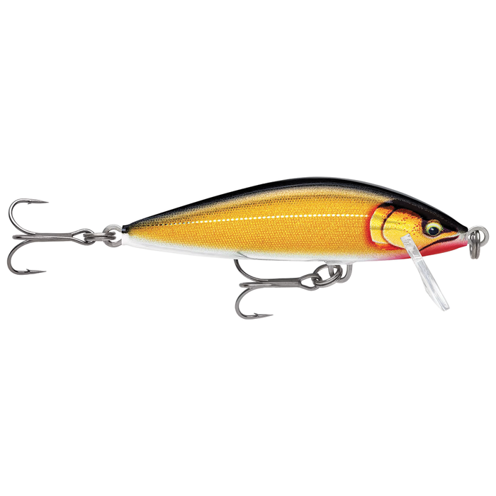 Rapala Countdown Elite fishing lure in gold and black with two treble hooks and a clear diving lip, designed for precise depth control in fishing tackle.
