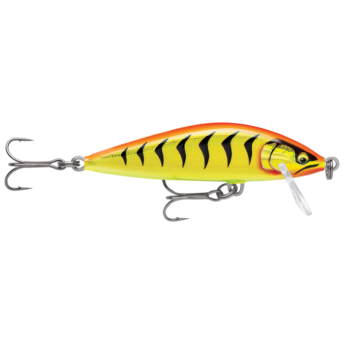 Rapala Countdown Elite fishing lure in bright yellow and orange with black tiger stripes, featuring two sharp treble hooks and a clear diving lip for precise underwater action.