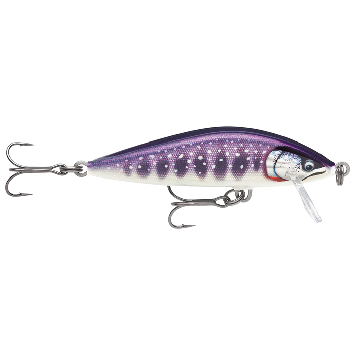 Rapala Countdown Elite fishing lure with purple and silver fish pattern, featuring two sharp treble hooks and a clear diving lip for precise depth control.