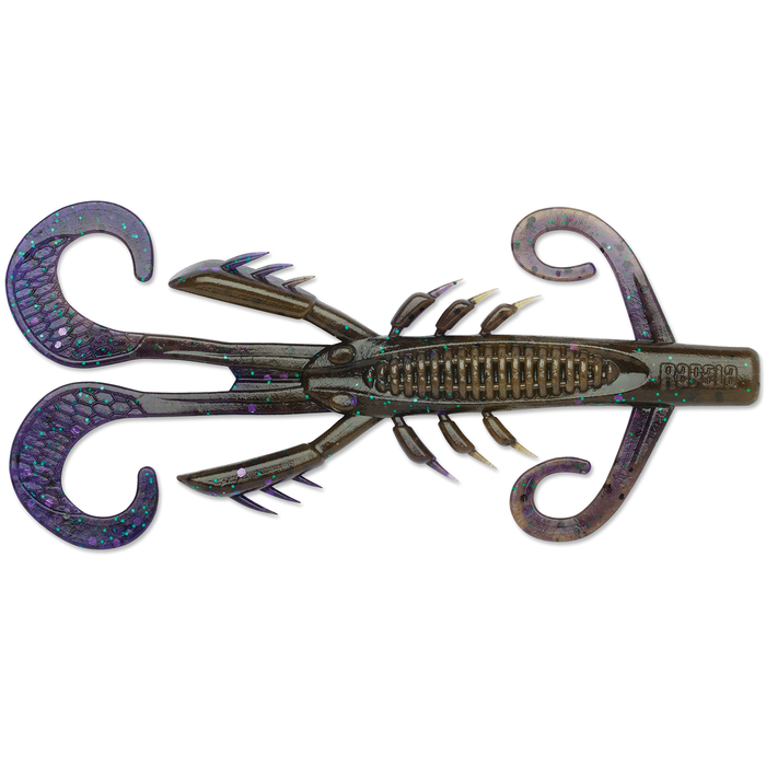 Rapala CrushCity Hedgehog fishing lure designed to imitate a crawfish with detailed segmented body, multiple curled appendages, and a dark color with blue and purple flecks.