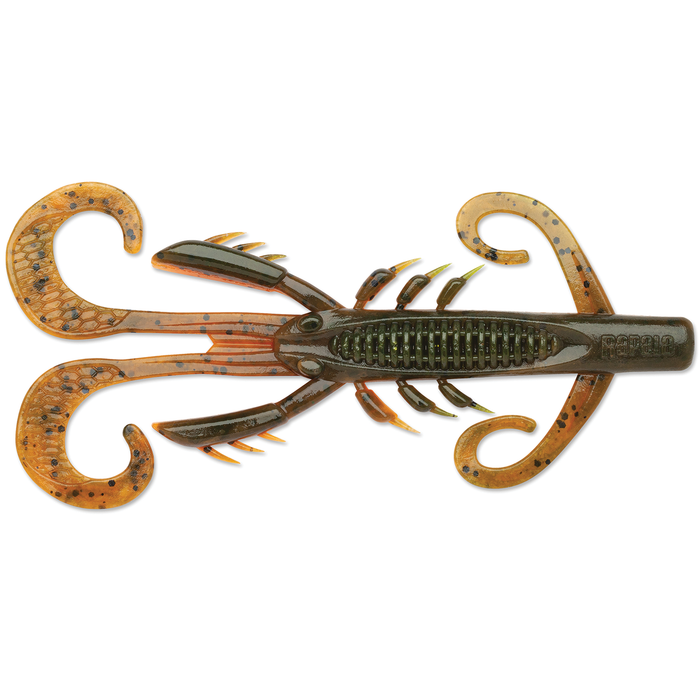 Rapala CrushCity Hedgehog soft plastic fishing lure with segmented body and multiple curved appendages in natural colors, designed to mimic a crawfish for effective fishing tackle.