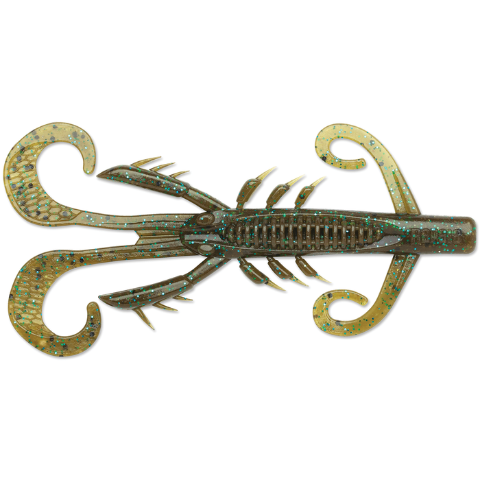 Rapala CrushCity Hedgehog soft plastic fishing lure shaped like a crawfish with green and gold coloring and blue flecks, designed for fishing tackle use.