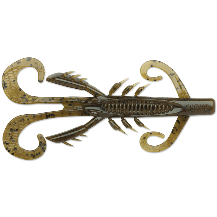 Rapala CrushCity Hedgehog soft plastic fishing lure in brown with black speckles, designed to mimic a crawfish with curled tails and detailed claws for effective fishing tackle.