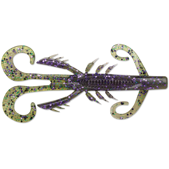 Rapala CrushCity Hedgehog soft plastic fishing lure in green and purple glitter with multiple curled appendages designed to imitate a crawfish for effective freshwater fishing tackle.