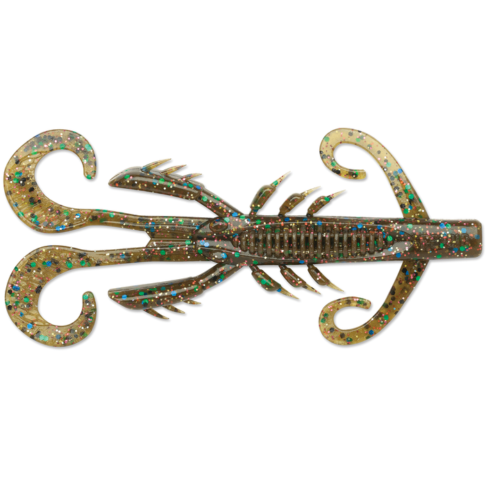 Rapala CrushCity Hedgehog soft plastic fishing lure in greenish-brown with blue and green glitter, featuring curled tail appendages and detailed segmented body for lifelike action.
