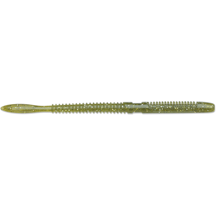 Rapala CrushCity Janitor soft fishing lure in translucent olive with gold flakes, designed for effective musky fishing and compatible with various fishing tackle setups.