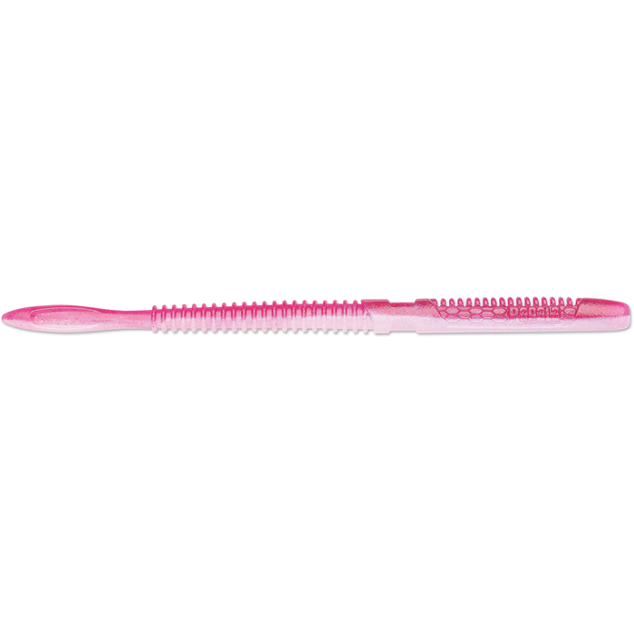 Rapala CrushCity Janitor fishing lure in translucent pink with textured ribbing and a tapered, flexible body designed for effective movement in water.