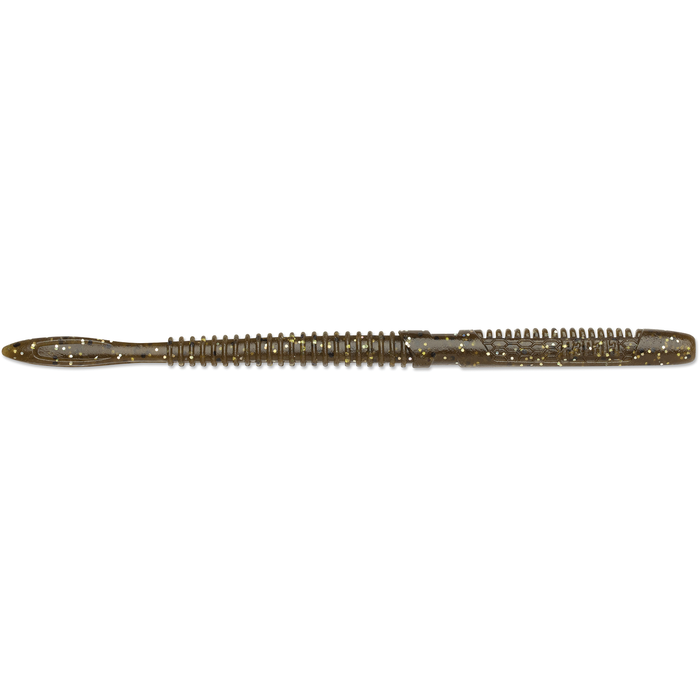 Rapala CrushCity Janitor soft plastic fishing lure in brown with gold flecks, featuring a segmented, ribbed body designed to mimic natural prey for effective fishing tackle use.