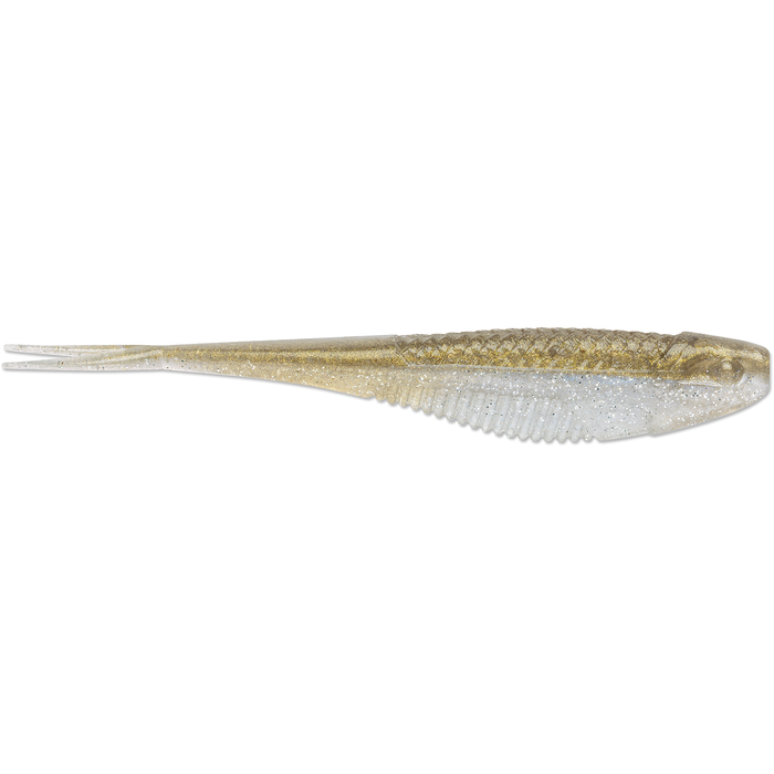 Rapala CrushCity The Jerk soft plastic fishing lure in translucent gold and silver with detailed scales and ribbed body designed for realistic movement in water.