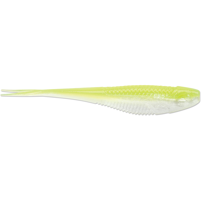 Rapala CrushCity The Jerk soft plastic fishing lure in translucent white and chartreuse green, designed for lifelike action in freshwater fishing tackle.