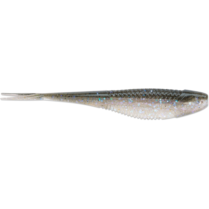 Rapala CrushCity The Jerk soft plastic fishing lure in translucent gray with blue and silver glitter, designed for lifelike movement to attract fish in freshwater fishing tackle.