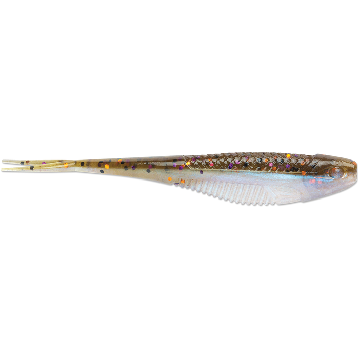 Rapala CrushCity The Jerk soft plastic fishing lure with a slender, tapered body, translucent gray color, and specks of orange, purple, and black for realistic fish attraction.