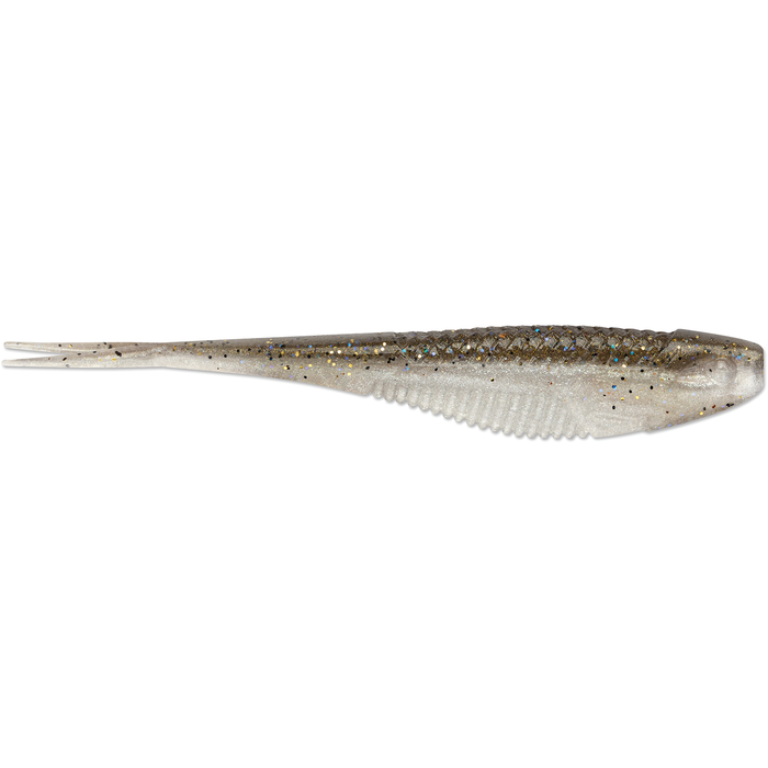 Rapala CrushCity The Jerk fishing lure features a slender, soft plastic body with a forked tail and glitter flecks, designed for realistic movement to attract fish.