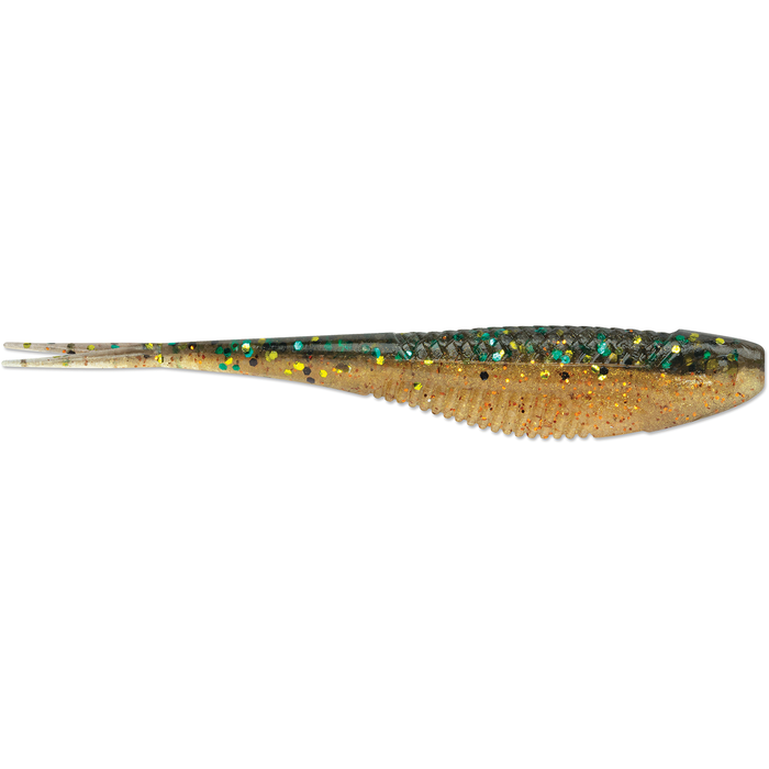 Rapala CrushCity The Jerk soft fishing lure in brown and green with speckled glitter accents, designed for lifelike movement in freshwater fishing tackle.