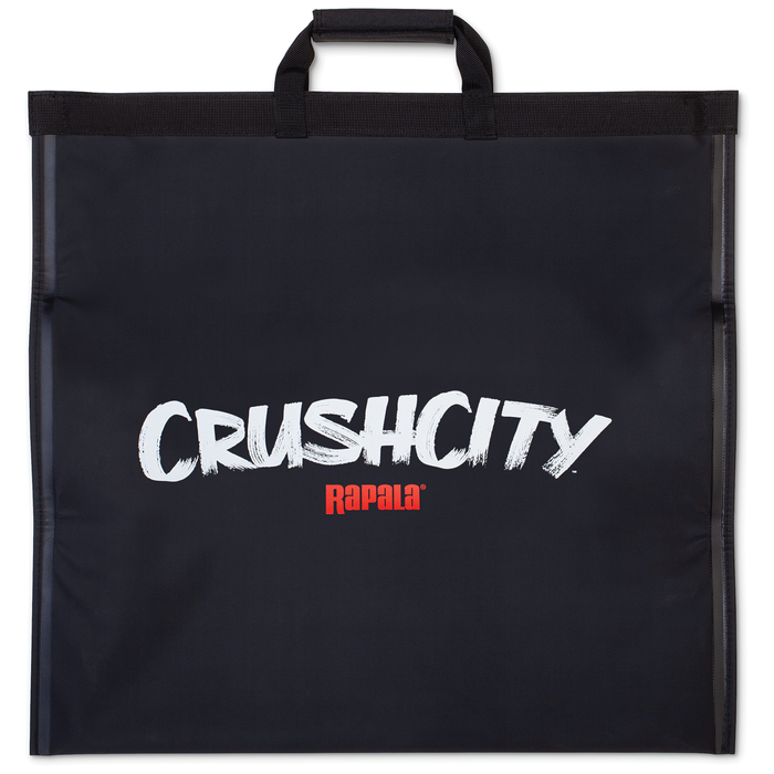 Rapala CrushCity Tournament Weigh-In Bag in black with white and red logo, featuring sturdy top handles for easy carrying, designed for weighing fishing catches.