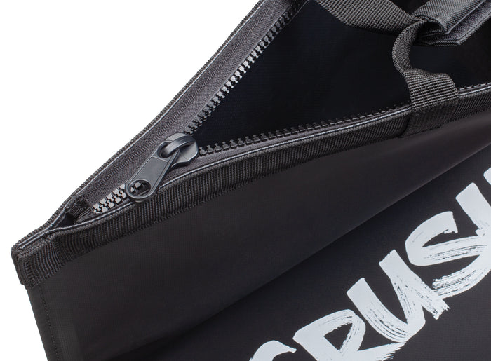 Close-up of the black Rapala CrushCity Tournament Weigh-In Bag featuring a sturdy zipper and durable fabric designed for securely weighing and transporting fish.