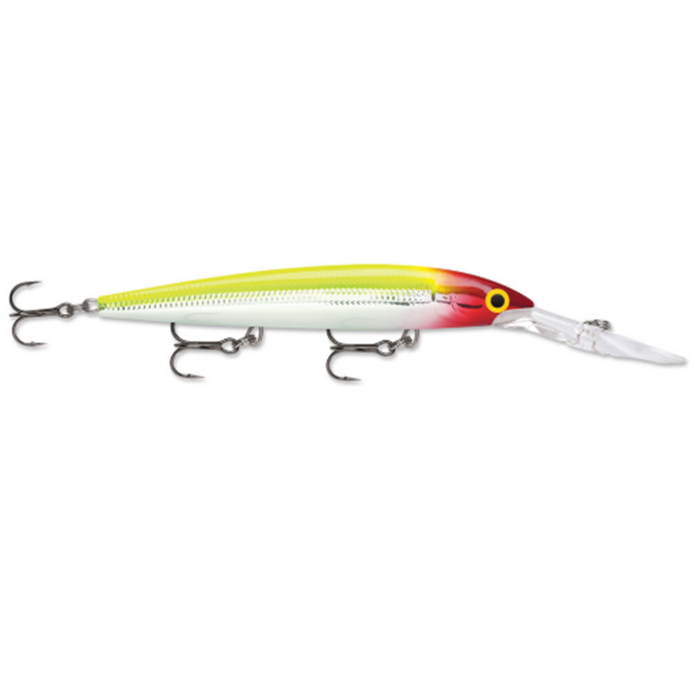 Rapala Deep Husky Jerk fishing lure in yellow and white with a red head, featuring three sharp treble hooks and a clear plastic diving lip for deep water fishing.