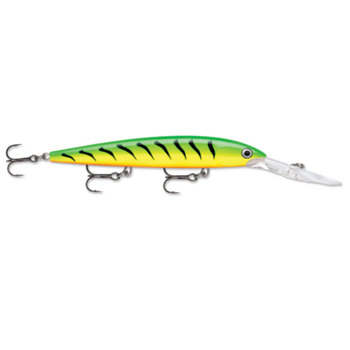 Rapala Deep Husky Jerk fishing lure with a green and yellow body, black stripes, a clear diving lip, and three treble hooks designed for effective musky and freshwater fishing.