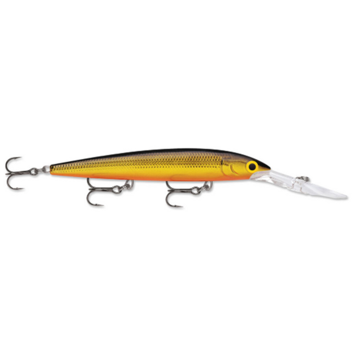 Rapala Deep Husky Jerk fishing lure in yellow and orange with black scale pattern, featuring three treble hooks and a clear diving lip for deep water fishing.