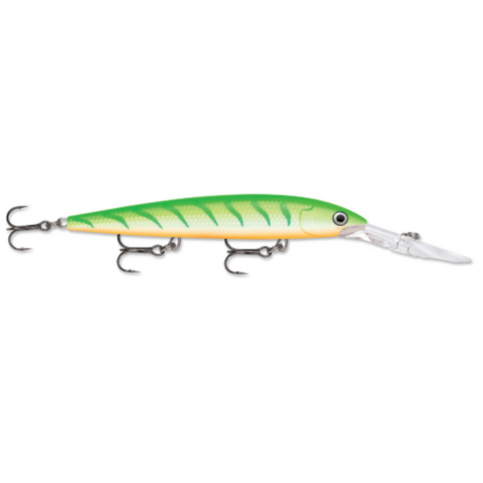 Rapala Deep Husky Jerk fishing lure in bright green and yellow with treble hooks, designed for musky and other large predator fish targeting fishing tackle.