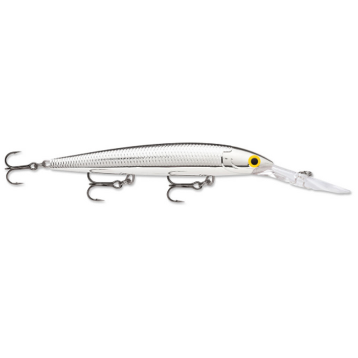 Rapala Deep Husky Jerk fishing lure in silver with textured body, yellow eye detail, and three sharp treble hooks designed for effective fishing tackle use.
