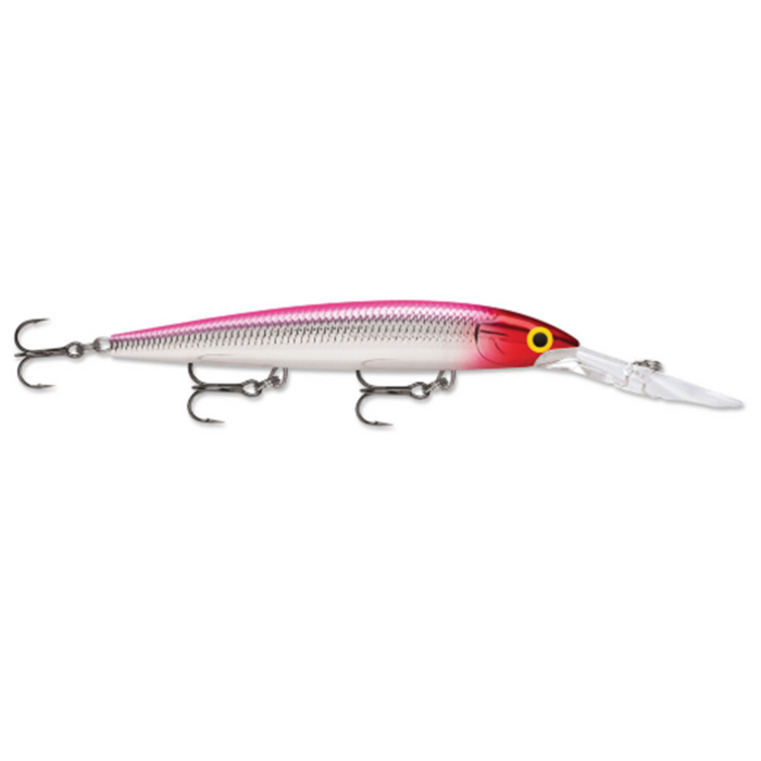 Rapala Deep Husky Jerk fishing lure with a red and silver body, yellow eye detail, and three treble hooks designed for musky fishing and fishing tackle enthusiasts.
