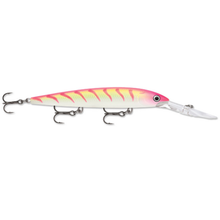 Rapala Deep Husky Jerk fishing lure with a long lip, pink and yellow striped body, and three sharp treble hooks designed for effective fishing tackle use.