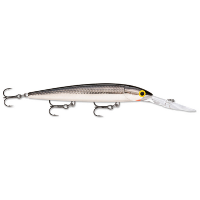 Rapala Deep Husky Jerk fishing lure with a sleek silver and black body, equipped with three treble hooks and a clear plastic diving lip for deep water fishing.