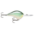 Rapala DT 20 Metal Crankbait fishing lure with metallic green and silver body, detailed scale texture, two sharp treble hooks, and a clear diving lip for effective fishing tackle use.