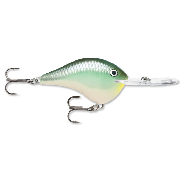 Rapala DT 20 Metal Crankbait fishing lure with metallic green and silver body, detailed scale texture, two sharp treble hooks, and a clear diving lip for effective fishing tackle use.