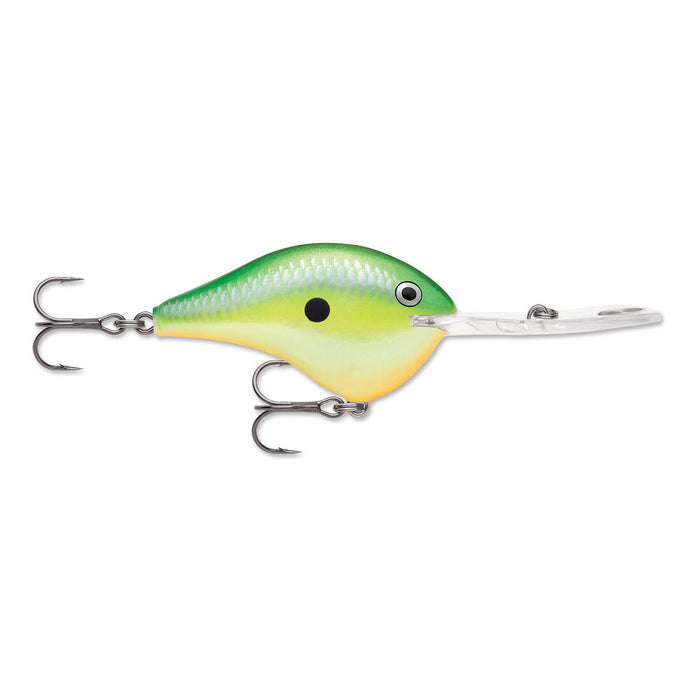 Rapala DT 20 Metal Crankbait fishing lure in green and yellow with silver treble hooks and clear diving lip, designed for effective fishing tackle use.