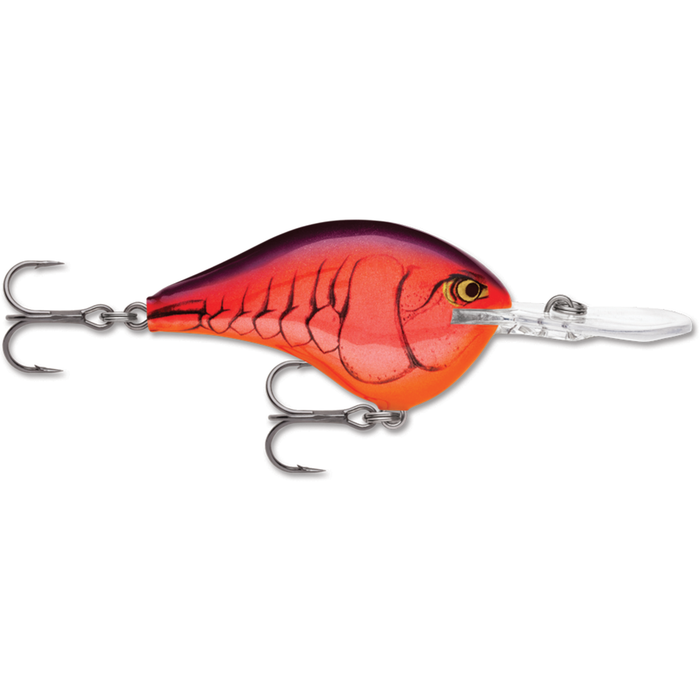 Rapala DT16 fishing lure in red and orange with detailed scale patterns, two sharp treble hooks, and a clear diving lip for effective fishing tackle use.