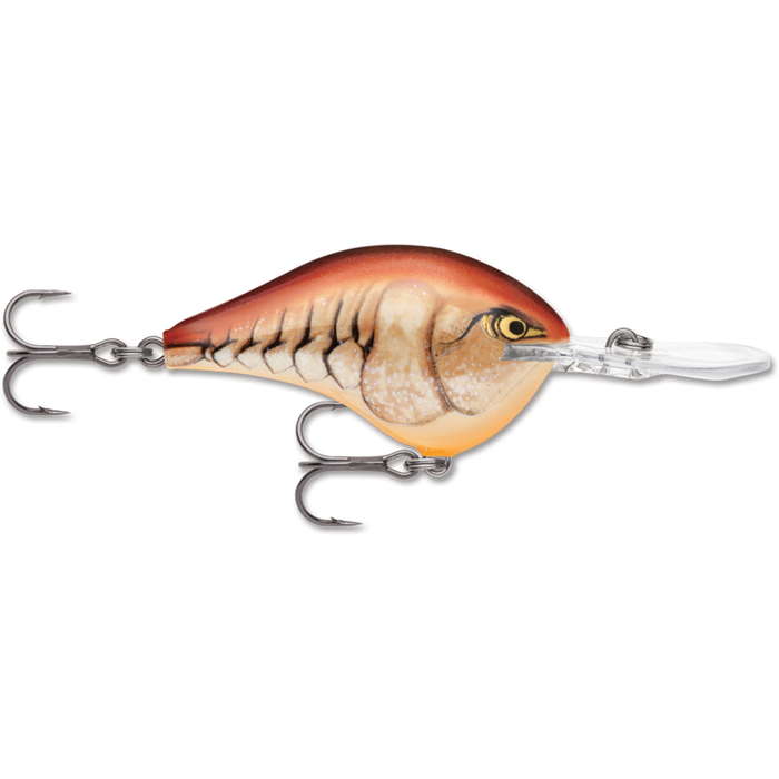 Rapala DT16 fishing lure with a detailed fish-scale pattern, two treble hooks, and a clear diving lip designed for effective musky and freshwater fishing.