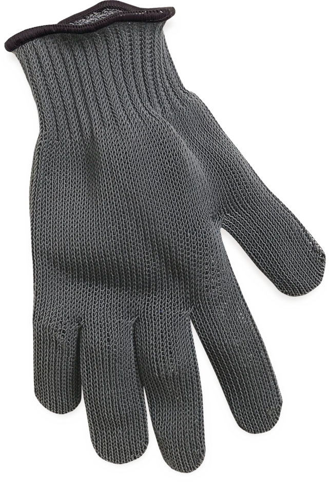 Rapala Fillet Glove in dark gray, made of tightly knit cut-resistant material with a fitted wrist cuff, designed for hand protection while handling fish and fishing tackle.