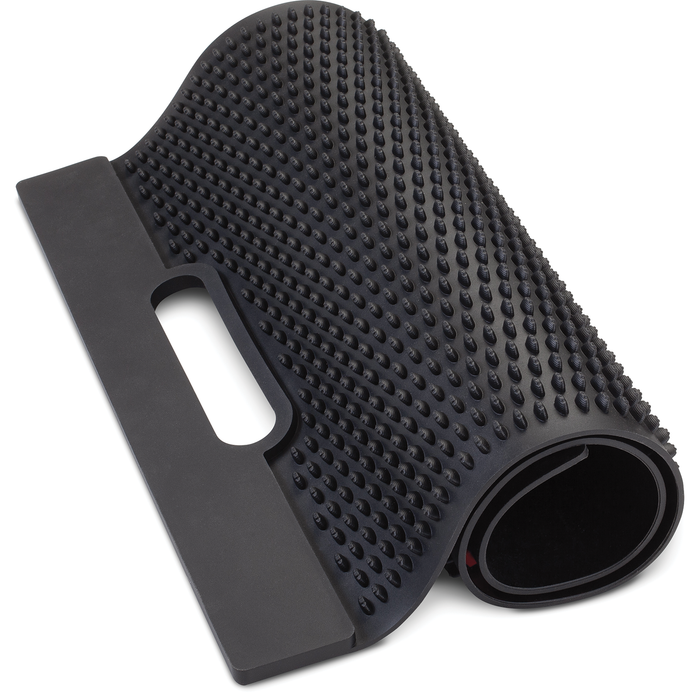 Rolled black Rapala Fillet Mat with raised textured bumps and integrated handle designed for easy cleaning and durability in fishing tackle use.