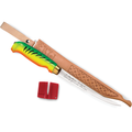 Rapala Fish 'N Fillet® Firetiger fillet knife with vibrant green, yellow, and orange handle, curved stainless steel blade, leather sheath, and red knife sharpener.