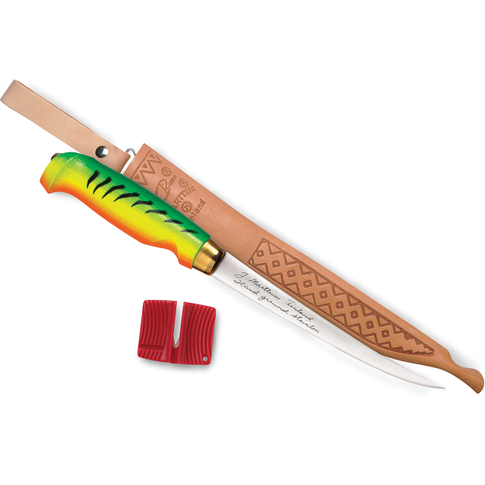 Rapala Fish 'N Fillet® Firetiger fillet knife with vibrant green, yellow, and orange handle, curved stainless steel blade, leather sheath, and red knife sharpener.