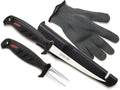 Rapala Fisherman's Fillet Combo featuring a fillet knife with a black handle and protective sheath, a two-prong fish fork with matching handle, and a cut-resistant fishing glove.