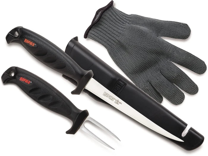 Rapala Fisherman's Fillet Combo featuring a fillet knife with a black handle and protective sheath, a two-prong fish fork with matching handle, and a cut-resistant fishing glove.