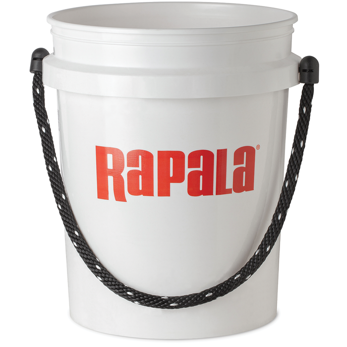 White plastic utility bucket with black rope handle featuring the red Rapala logo, designed for durable use in fishing tackle and outdoor activities, Rapala Five Gallon Billboard Bucket.