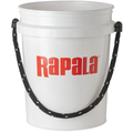 White plastic utility bucket with black rope handle featuring the red Rapala logo, designed for durable use in fishing tackle and outdoor activities, Rapala Five Gallon Billboard Bucket.