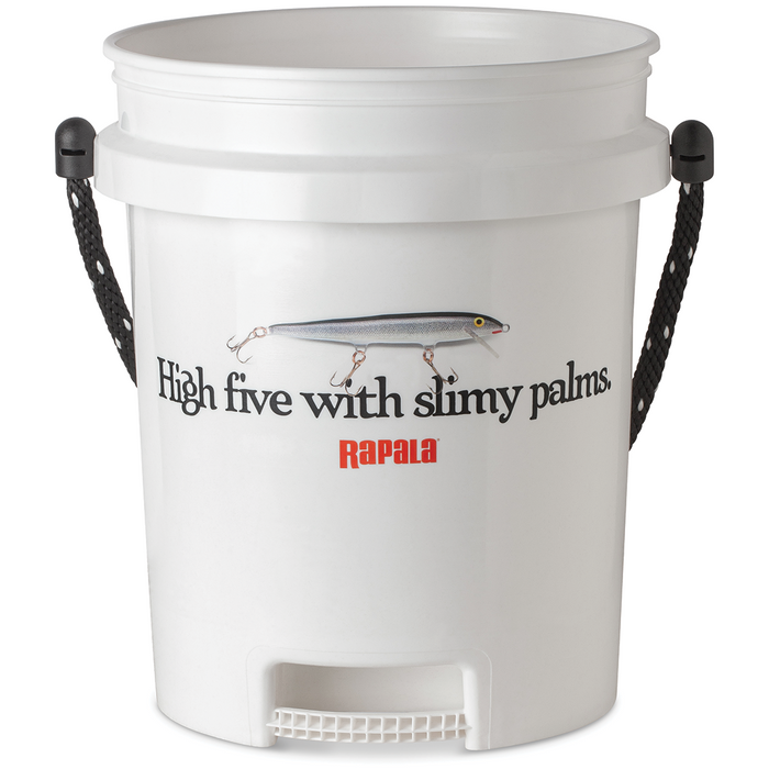White plastic bucket with black braided handles featuring a fishing lure graphic and the text "High five with slimy palms." and the Rapala logo, identified as Rapala Five Gallon Billboard Bucket.