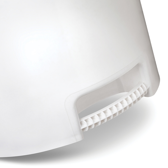 Close-up view of the sturdy white plastic handle on a Rapala Five Gallon Billboard Bucket designed for durable use in fishing tackle and outdoor activities.