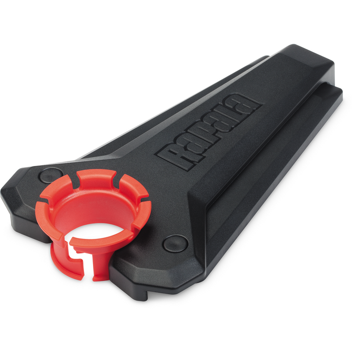 Rapala Folding Camera Panner, a black plastic device with a red circular clamp, designed for secure and adjustable mounting of cameras or accessories during fishing activities.