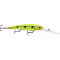 Rapala Gold Miner fishing lure in bright yellow and green with black spots, featuring three treble hooks and a clear angled diving lip for deep water fishing.