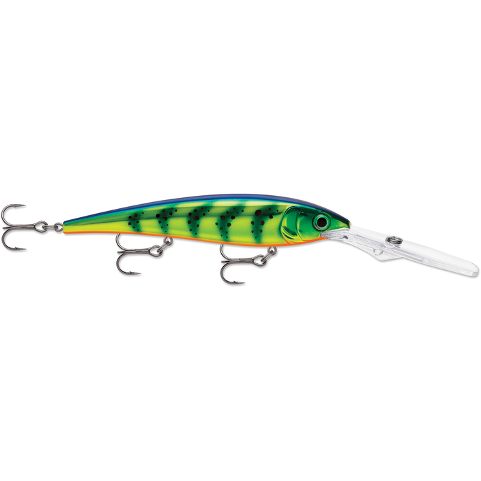 Rapala Gold Miner fishing lure with a vibrant green and yellow body, detailed black spots, realistic eyes, and three sharp treble hooks designed for effective fishing tackle use.