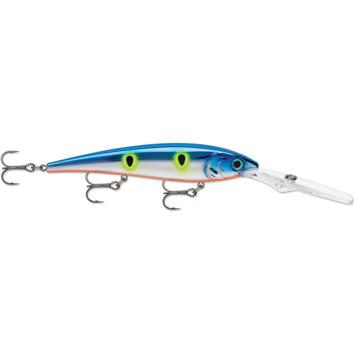 Rapala Gold Miner fishing lure with a blue and silver body, yellow and black spots, detailed eye, and three sharp treble hooks designed for freshwater fishing.