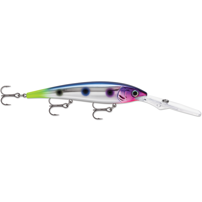 Rapala Gold Miner fishing lure with a sleek elongated body featuring a gradient color scheme of purple, blue, green, and silver, equipped with three treble hooks and a clear diving lip.